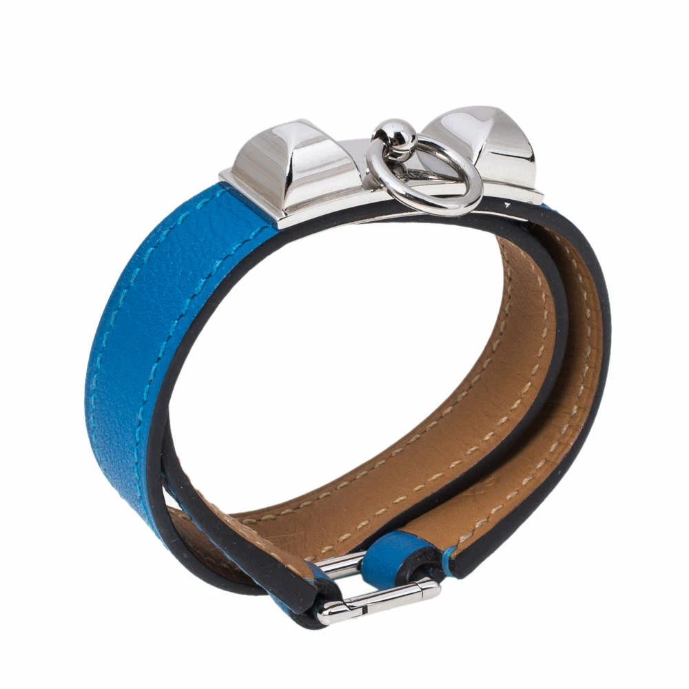 Hermes Rivale Blue Leather Palladium Plated Double Tour Bracelet XS For Women 4 Hermes Rivale Blue Leather Palladium Plated Double Tour Bracelet XS For Women - Image 2