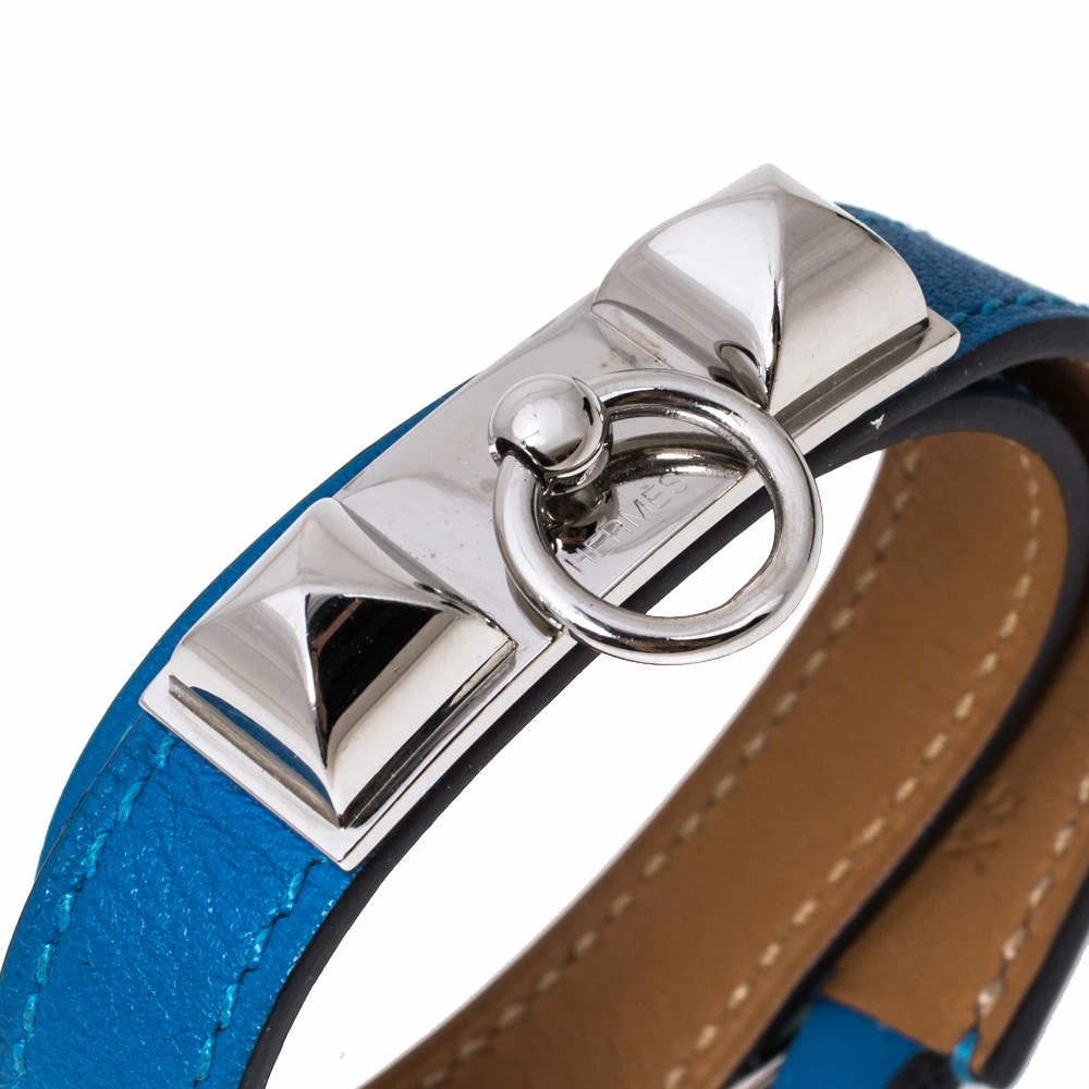 Hermes Rivale Blue Leather Palladium Plated Double Tour Bracelet XS For Women 5 Hermes Rivale Blue Leather Palladium Plated Double Tour Bracelet XS For Women - Image 3
