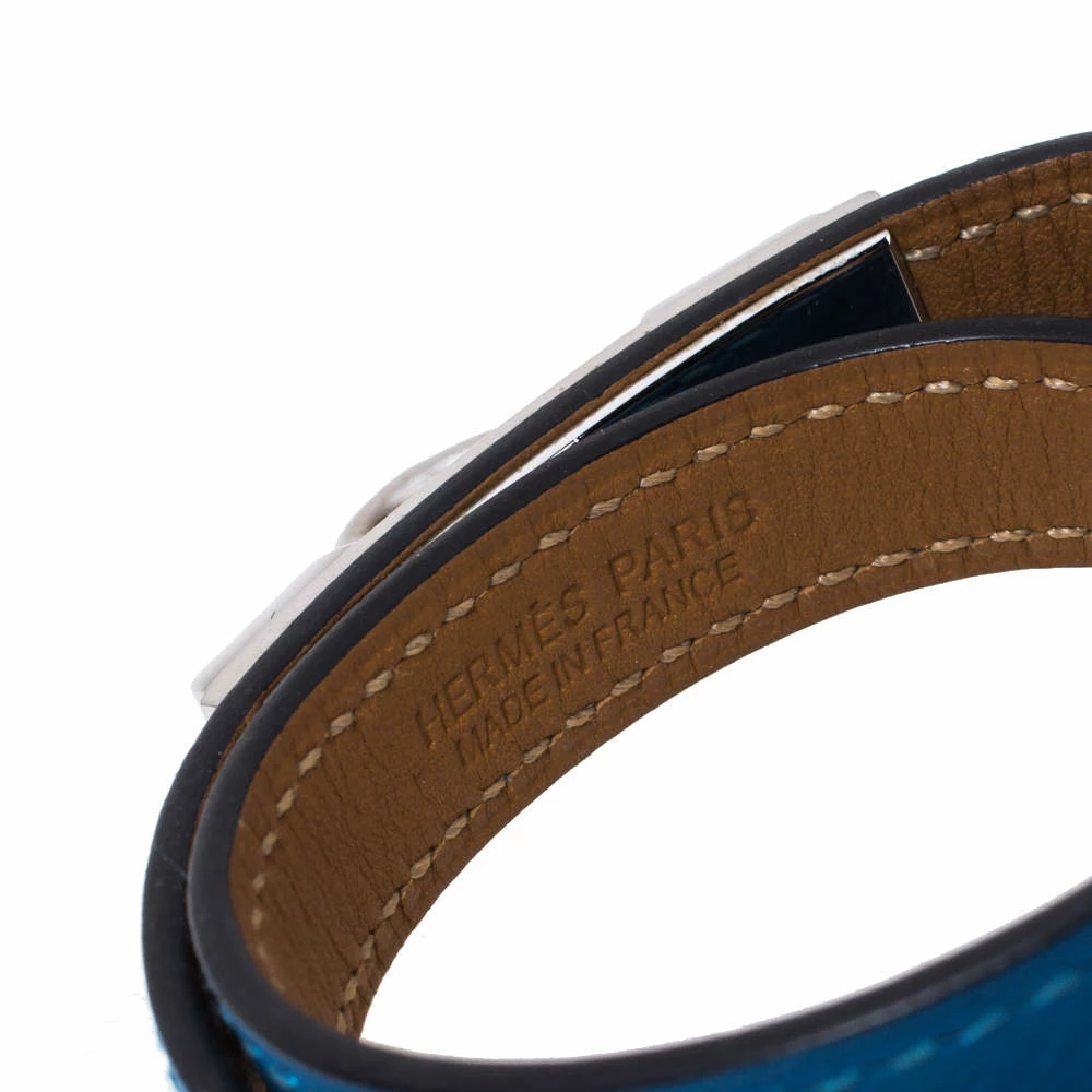 Hermes Rivale Blue Leather Palladium Plated Double Tour Bracelet XS For Women 8 Hermes Rivale Blue Leather Palladium Plated Double Tour Bracelet XS For Women - Image 6