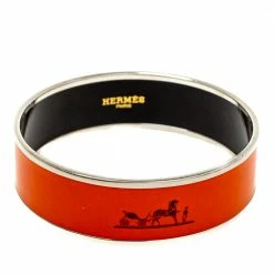 Hermes Hermès Orange Enamel Calèche Wide Bangle Bracelet For Women