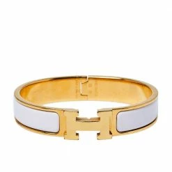 Hermes Hermès Clic H Craie Enamel Gold Plated Narrow Bracelet PM For Women