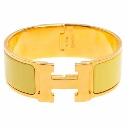 Hermes Clic Clac H Yellow Enamel Gold Plated Wide Bracelet PM For Women