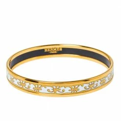 Hermes Hermès Balcons Du Guadalquivir White Enamel Gold Plated Narrow Bangle For Women