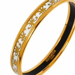 Hermes Hermès Balcons Du Guadalquivir White Enamel Gold Plated Narrow Bangle For Women -Deals Hermes Store luxury women hermes used accessories p367976 006