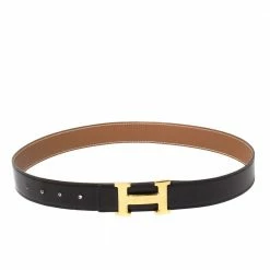 Hermes Noir/Gold Blue Swift And Togo Leather H Buckle Belt Size 85CM For Women