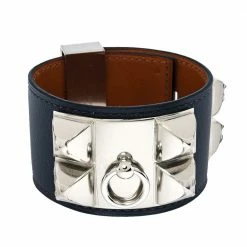 Hermes Collier De Chien Graphite Leather Palladium Plated Cuff Bracelet S For Women