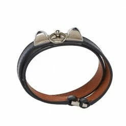 Hermes Rivale Double Tour Black Leather Palladium Hardware Bracelet S For Women -Deals Hermes Store luxury women hermes used accessories p368622 004