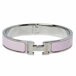 Hermes Hermès Clic H Rose Cassata Enamel Palladium Plated Narrow Bracelet PM For Women