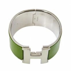 Hermes Hermès Clic Clac H White Lacquered Green Enamel Palladium Plated Extra Wide Bracelet PM For Women -Deals Hermes Store luxury women hermes used accessories p371188 001
