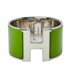 Hermes Hermès Clic Clac H White Lacquered Green Enamel Palladium Plated Extra Wide Bracelet PM For Women