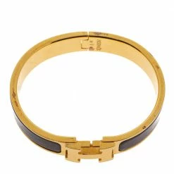 Hermes Hermès Clic H Brown Enamel Gold Plated Narrow Bracelet PM For Women -Deals Hermes Store luxury women hermes used accessories p373409 005