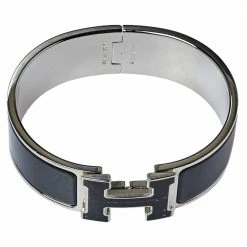 Hermes Hermès Clic Clac H Black Enamel Palladium Plated Wide Bracelet GM For Women -Deals Hermes Store luxury women hermes used accessories p373859 002