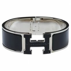 Hermes Hermès Clic Clac H Black Enamel Palladium Plated Wide Bracelet GM For Women