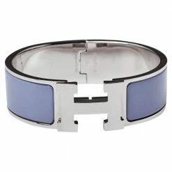 Hermes Hermès Clic Clac H Grey Enamel Palladium Plated Wide Bracelet GM For Women