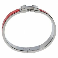 Hermes Hermès Clic H Coral Red Enamel Palladium Plated Narrow Bracelet PM For Women -Deals Hermes Store luxury women hermes used accessories p377788 005