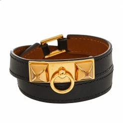 Hermes Rivale Black Leather Gold Plated Double Tour Bracelet S For Women
