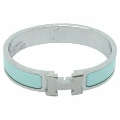 Hermes Hermès Clic H Sea Green Enamel Palladium Plated Narrow Bracelet PM For Women