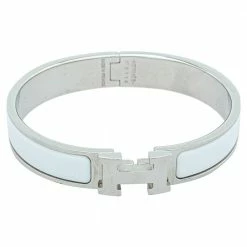 Hermes Hermès Clic H Blanc Enamel Palladium Plated Narrow Bracelet PM For Women
