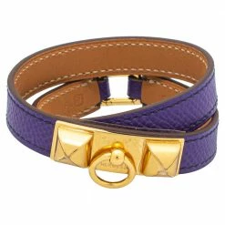 Hermes Hermès Purple Leather Gold Plated Rivale Double-Tour Bracelet S For Women