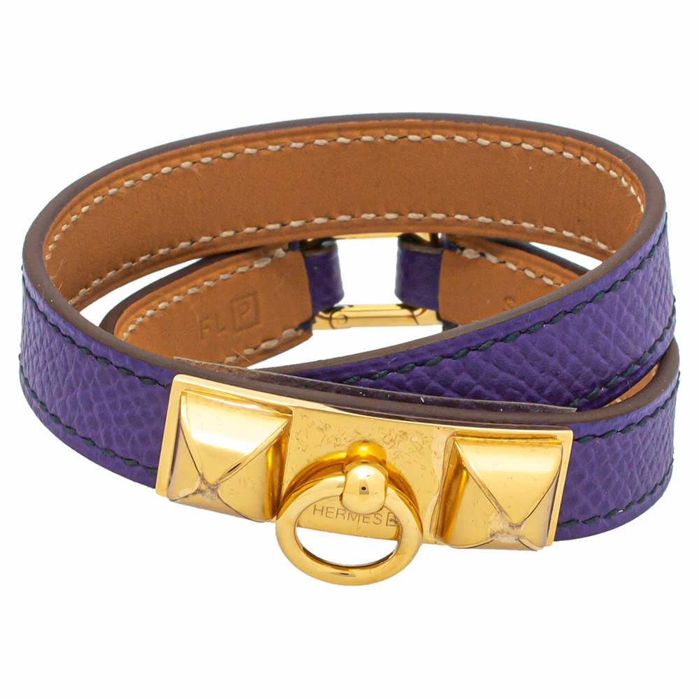 Hermes Hermès Purple Leather Gold Plated Rivale Double-Tour Bracelet S For Women 3 Hermes Hermès Purple Leather Gold Plated Rivale Double-Tour Bracelet S For Women