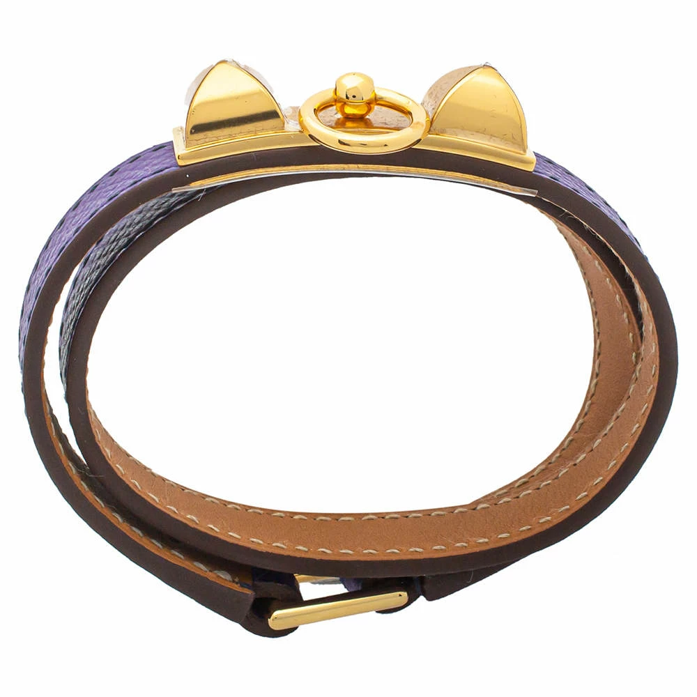 Hermes Hermès Purple Leather Gold Plated Rivale Double-Tour Bracelet S For Women 6 Hermes Hermès Purple Leather Gold Plated Rivale Double-Tour Bracelet S For Women - Image 4