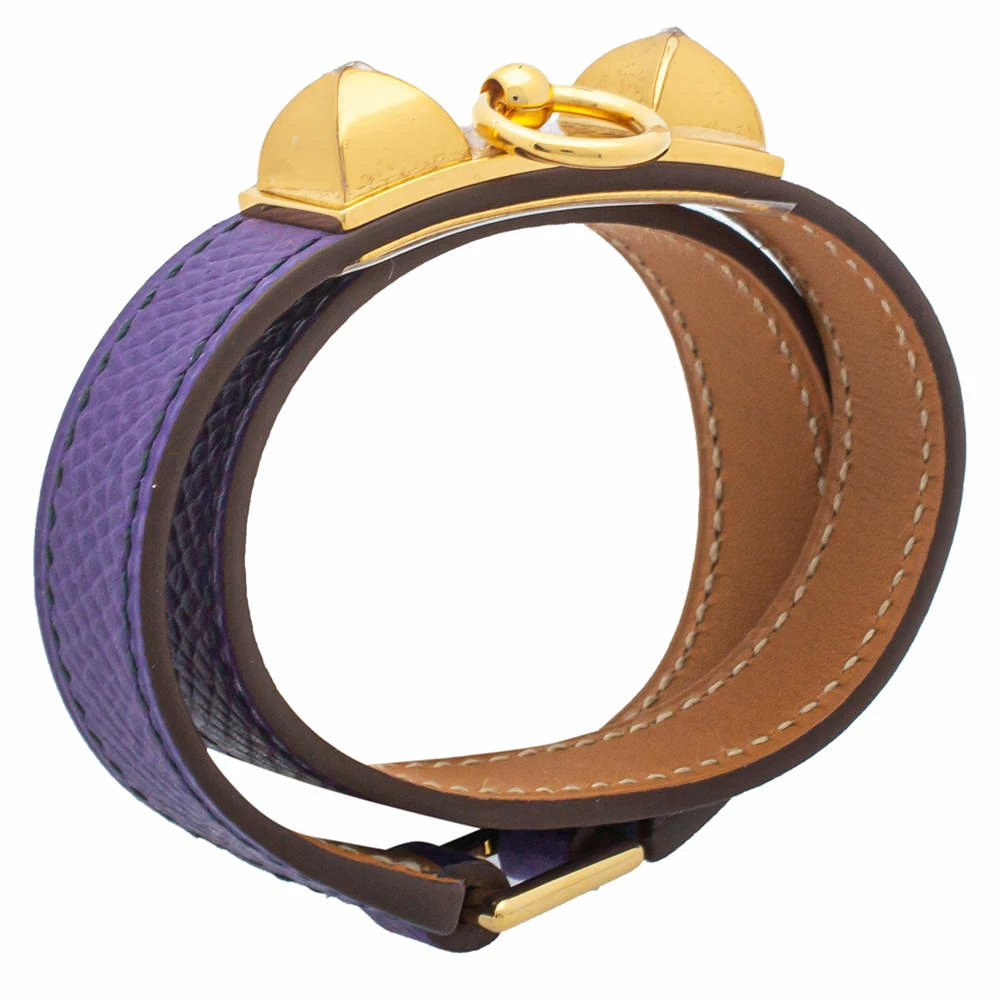Hermes Hermès Purple Leather Gold Plated Rivale Double-Tour Bracelet S For Women 4 Hermes Hermès Purple Leather Gold Plated Rivale Double-Tour Bracelet S For Women - Image 2