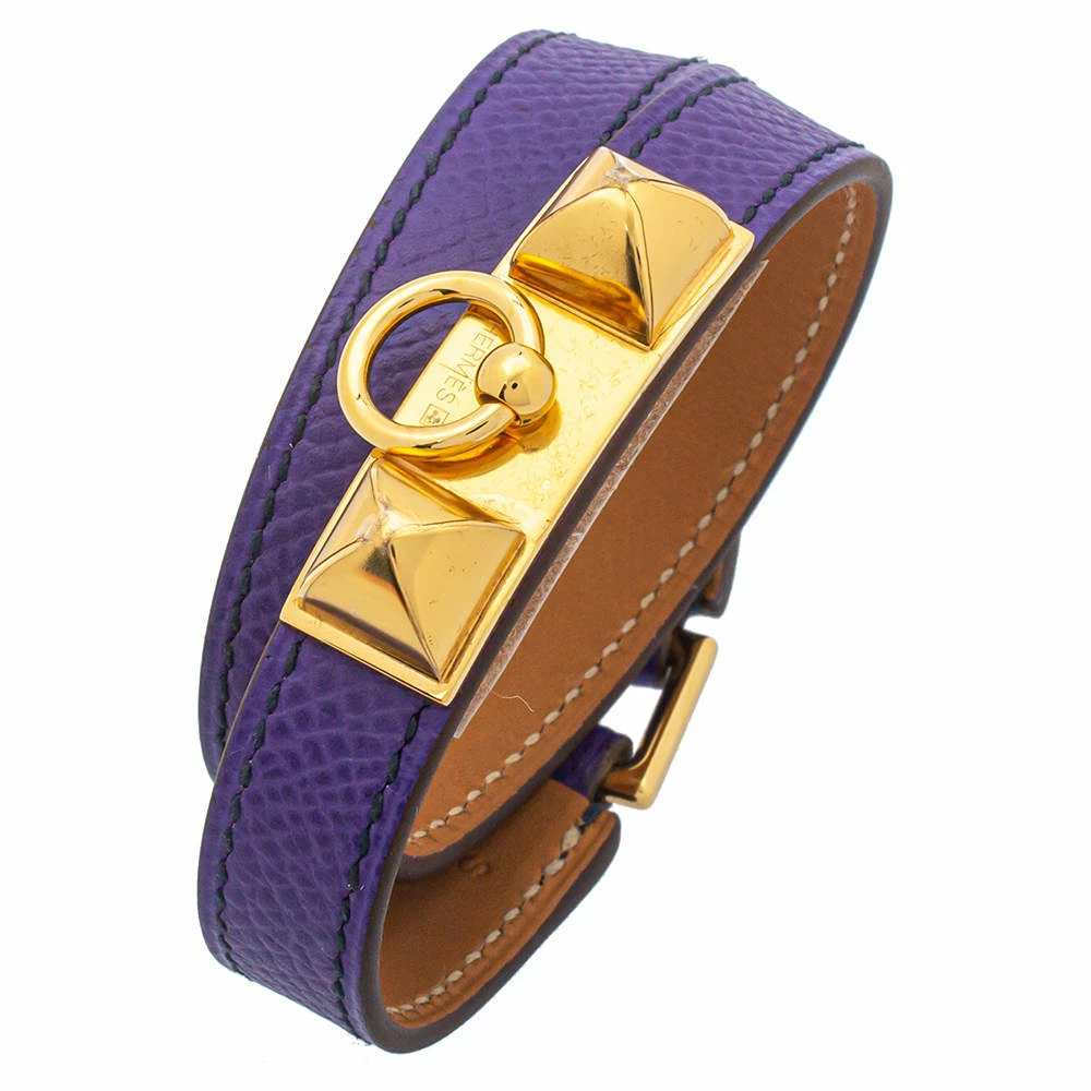 Hermes Hermès Purple Leather Gold Plated Rivale Double-Tour Bracelet S For Women 5 Hermes Hermès Purple Leather Gold Plated Rivale Double-Tour Bracelet S For Women - Image 3