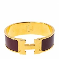 Hermes Hermès Clic Clac H Rouge Enamel Gold Plated Wide Bracelet PM For Women