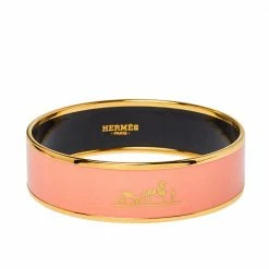 Hermes Hermès Peach Enamel Gold Plated Caleche Bangle Bracelet For Women