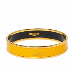 Hermes Hermès Yellow Enamel Gold Plated Caleche Bangle Bracelet For Women