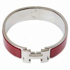 Hermes Hermès Clic Clac H Red Enamel Palladium Plated Wide Bracelet PM For Women -Deals Hermes Store luxury women hermes used accessories p392653 002
