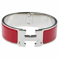 Hermes Hermès Clic Clac H Red Enamel Palladium Plated Wide Bracelet PM For Women