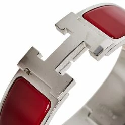 Hermes Hermès Clic Clac H Red Enamel Palladium Plated Wide Bracelet PM For Women -Deals Hermes Store luxury women hermes used accessories p392653 007