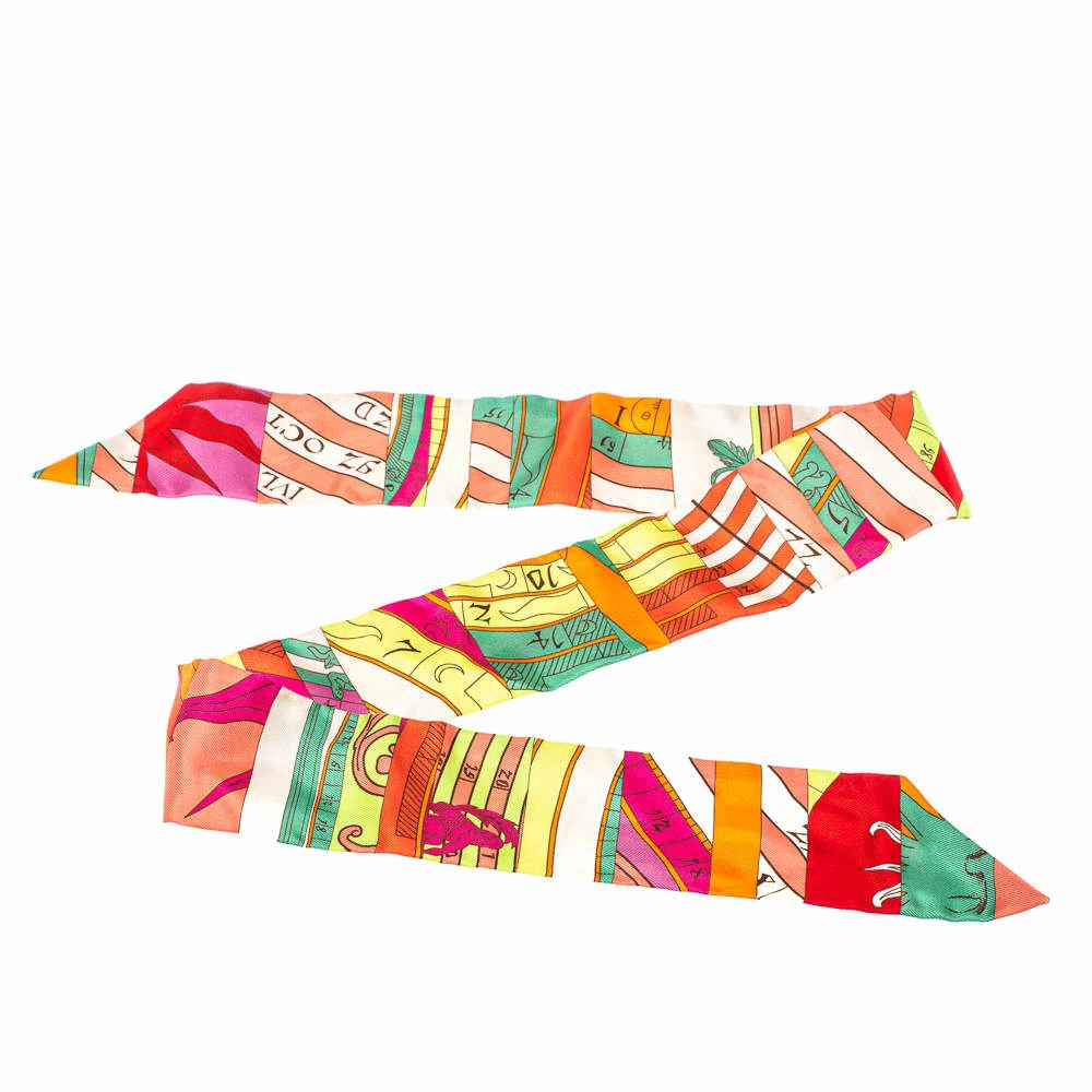 Hermes Multicolor Rose Corail Vert Fluo Astrologie Silk Twilly For Women 4 Hermes Multicolor Rose Corail Vert Fluo Astrologie Silk Twilly For Women - Image 2