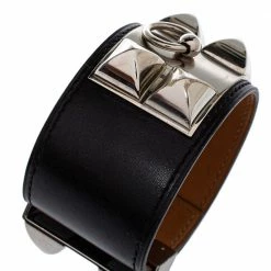 Hermes Hermès Collier De Chien Black Leather Palladium Plated Wide Bracelet S For Women -Deals Hermes Store luxury women hermes used accessories p396438 001