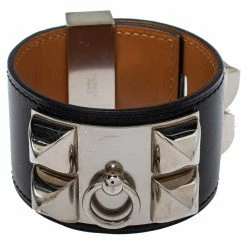Hermes Hermès Collier De Chien Black Leather Palladium Plated Wide Bracelet S For Women