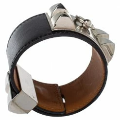 Hermes Hermès Collier De Chien Black Leather Palladium Plated Wide Bracelet S For Women -Deals Hermes Store luxury women hermes used accessories p396438 006