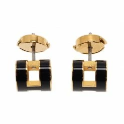 Hermes Pop H Black Lacquered Gold Tone Stud Earrings For Women -Deals Hermes Store luxury women hermes used accessories p39997 004