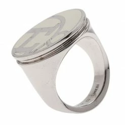 Hermes Logo White Silver Tone Ring Size 52 For Women