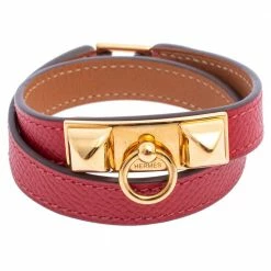 Hermes Hermès Red Leather Rivale Double Tour Bracelet S For Women