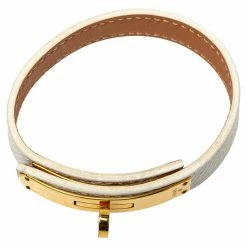 Hermes Hermès White Leather Gold Plated Kelly Single Tour Bracelet M For Women -Deals Hermes Store luxury women hermes used accessories p401704 003