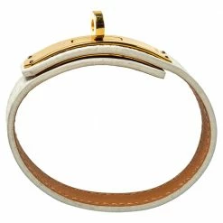 Hermes Hermès White Leather Gold Plated Kelly Single Tour Bracelet M For Women -Deals Hermes Store luxury women hermes used accessories p401704 006