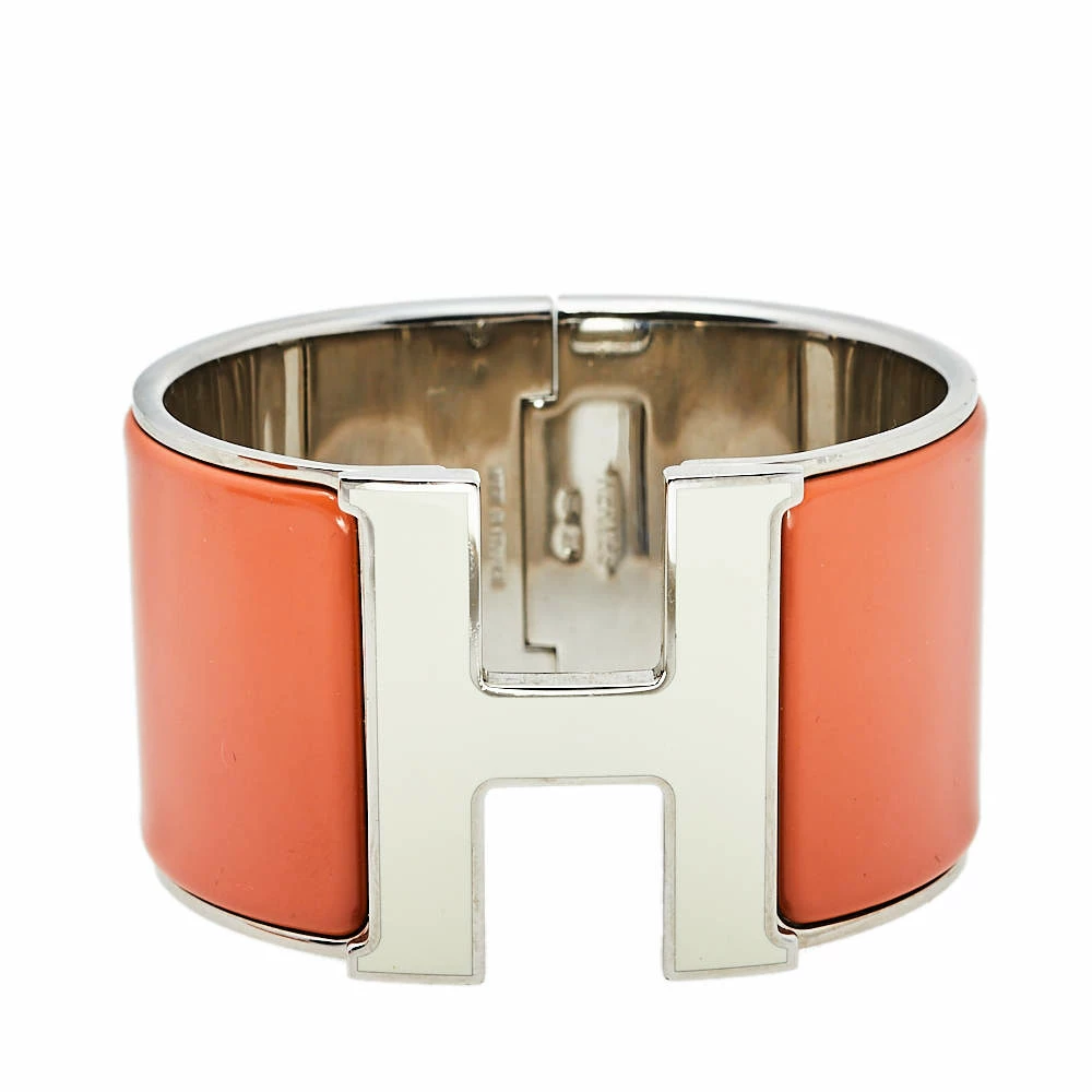 Hermes Clic Clac H Orange Enamel Palladium Plated Extra Wide Bracelet PM For Women 3 Hermes Clic Clac H Orange Enamel Palladium Plated Extra Wide Bracelet PM For Women
