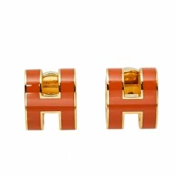 Hermes Hermès Pop H Orange Lacquered Gold Plated Stud Earrings For Women