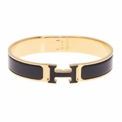 Hermes Clic Clac H Black Enamel Gold - Plated Bracelet For Women