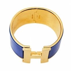 Hermes Hermès Clic H Blue Enamel Gold Plated Extra Wide Bracelet PM For Women -Deals Hermes Store luxury women hermes used accessories p404459 002