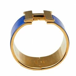 Hermes Hermès Clic H Blue Enamel Gold Plated Extra Wide Bracelet PM For Women -Deals Hermes Store luxury women hermes used accessories p404459 004