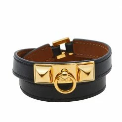 Hermes Hermès Rivale Double Tour Black Leather Gold Plated Bracelet S For Women