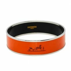 Hermes Hermès Orange Enamel Palladium Plated Caleche Bangle Bracelet For Women