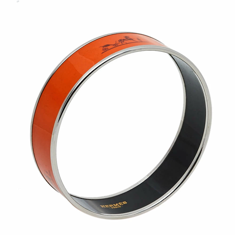 Hermes Hermès Orange Enamel Palladium Plated Caleche Bangle Bracelet For Women 4 Hermes Hermès Orange Enamel Palladium Plated Caleche Bangle Bracelet For Women - Image 2